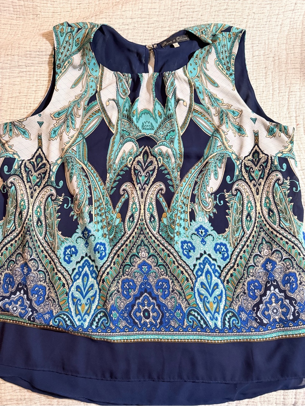 Rose & Olive Navy Blue and Teal Paisley Sleeveless Blouse